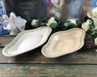 Antique French 2 raviers in faience of Longwy, green ironstone little serving dish