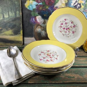 4 or 6 French vintage KG Luneville yellow bowl plates model Silvere with beautiful roses 9&#39;&#39;