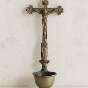 Antique French Wall Holy Water Font | Bronze Mission Crucifix with Virgin Mary & Christ | Religious Catholic Home Decor