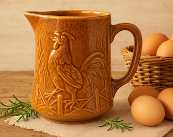 Pichet eau vin barbotine à décor de coq poule pour décoration cuisine et rustique