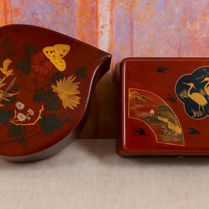 Pair of Antique Asian Lacquer Jewelry Boxes – 1930s – Heart & Rectangular – Butterfly Heron Designs