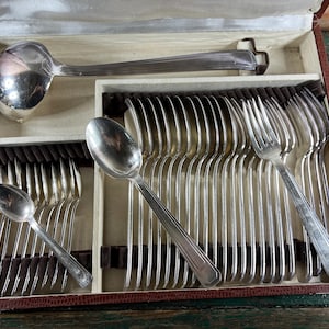 Antique French Silverplate Cutlery Set – 37 Pcs with Ladle, Flatware for 12, Rooster Mark, Boulenger Spoon, c.1900s