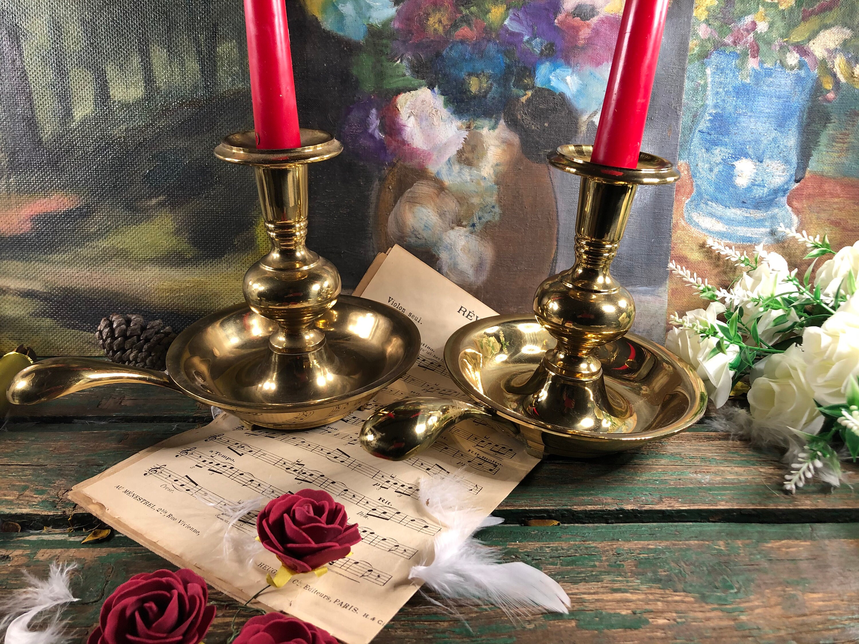 Large pair of handheld candle holder in bronze with their Etsy