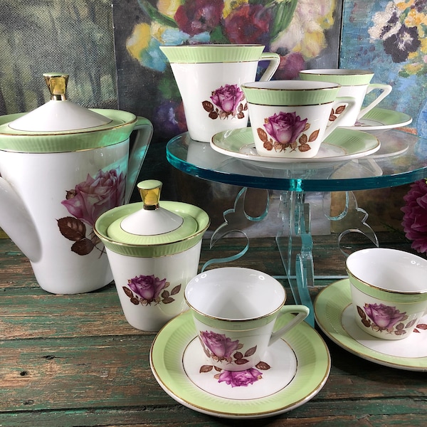 Antique French tea and coffee set Moulin des Loups, green cup with pink rose cup, antique green mug Moulin des Loups