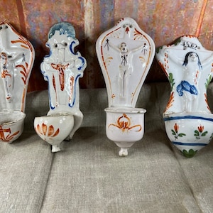 Antique French Holy water font stoup Benitier polychrome porcelain Lourdes souvenir, crucifix Jesus Christ memorabilia