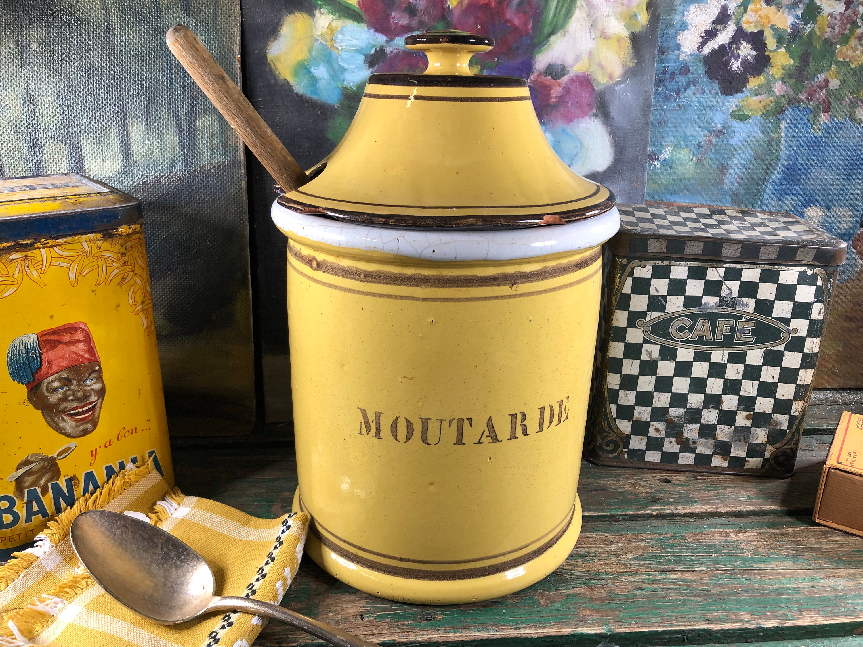 Ancien Grand Pot Jaune Moutarde en Céramique avec Couvercle Hauteur 27cm Ancien Distributeur Moutard