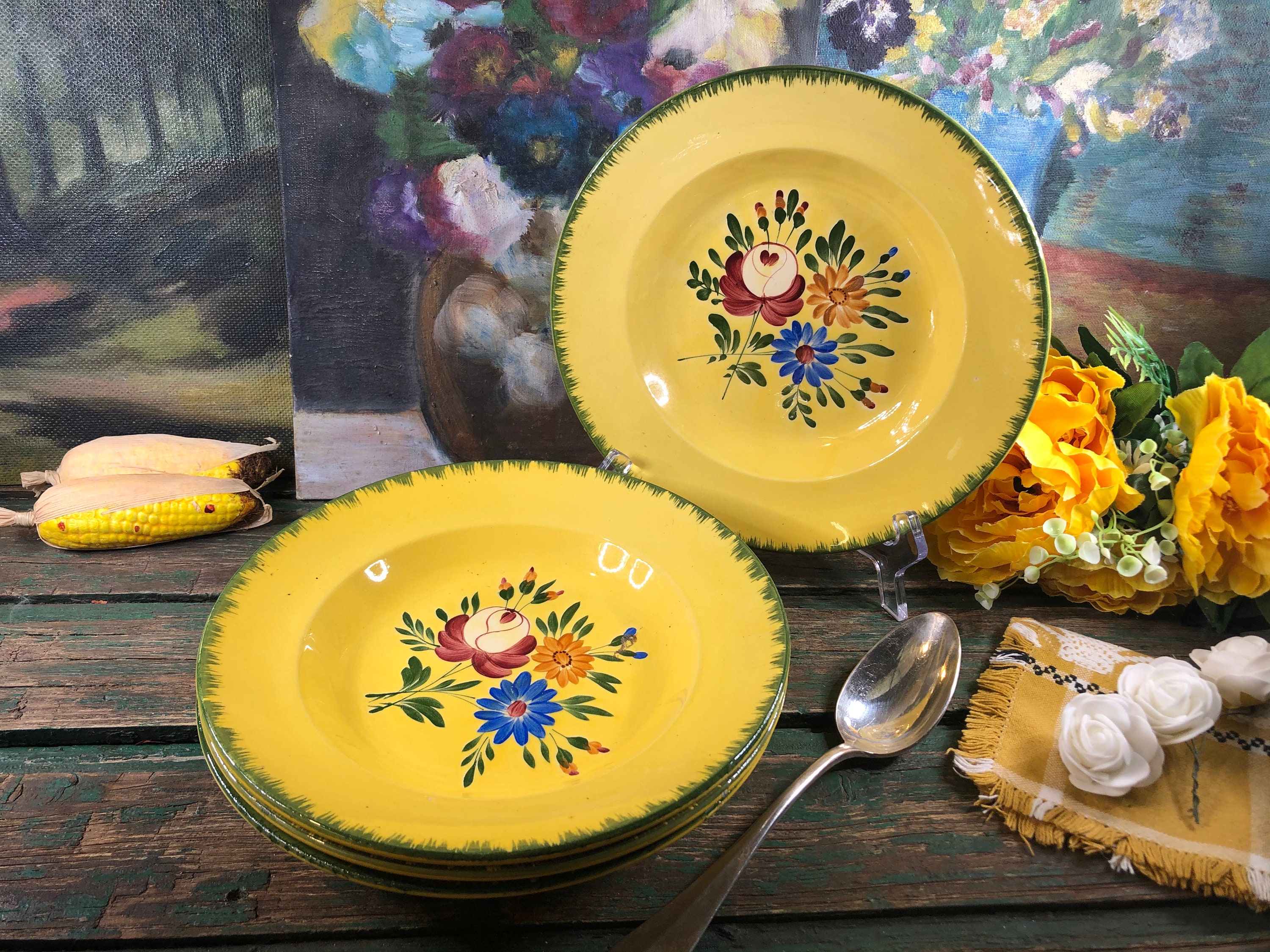 4 Assiettes Creuses Jaune avec Fleurs de La Manufacture Longchamp France