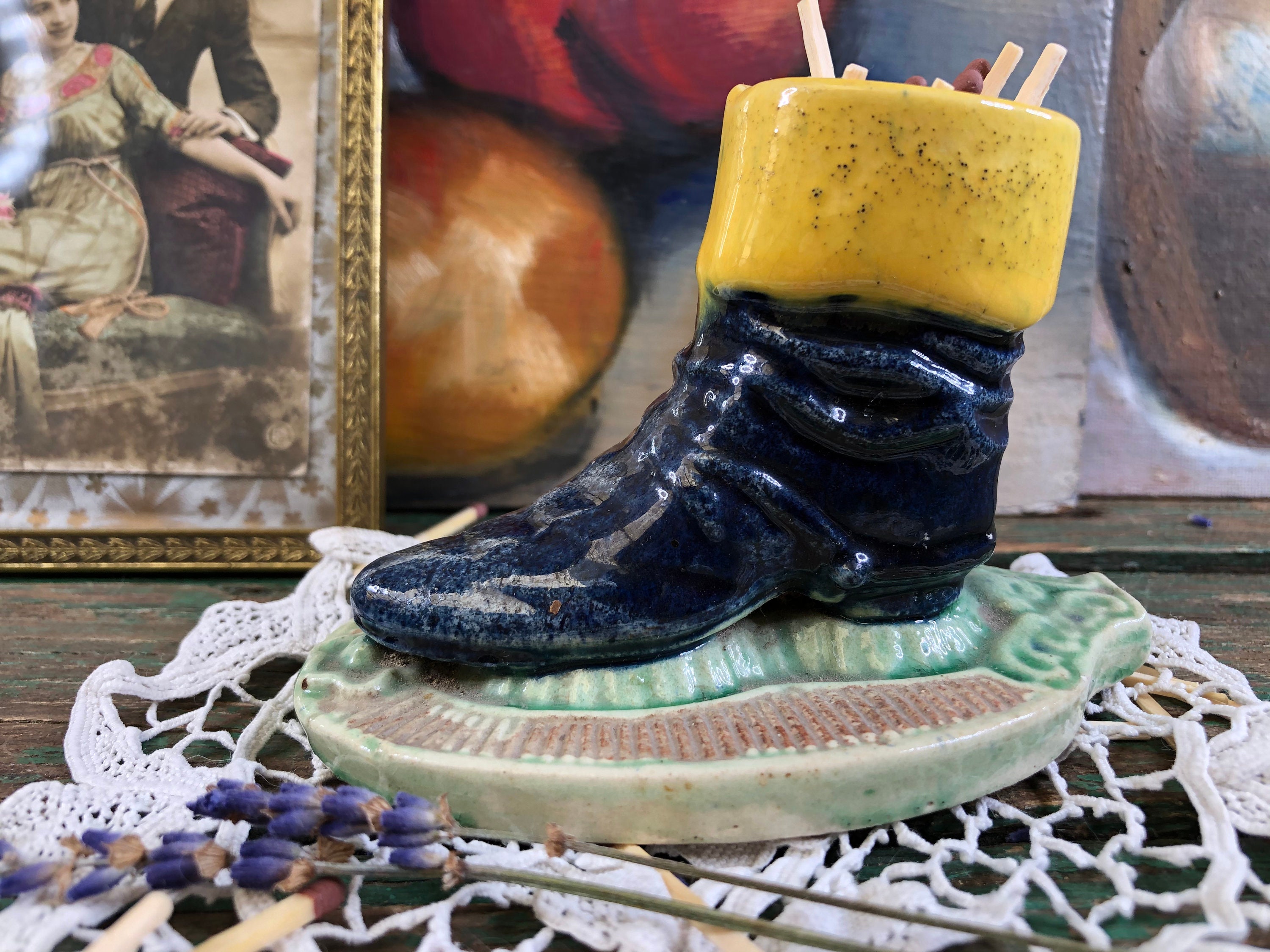 Ancien Pyrogène Céramique Botte Bleu, Ancien Porte Allumettes