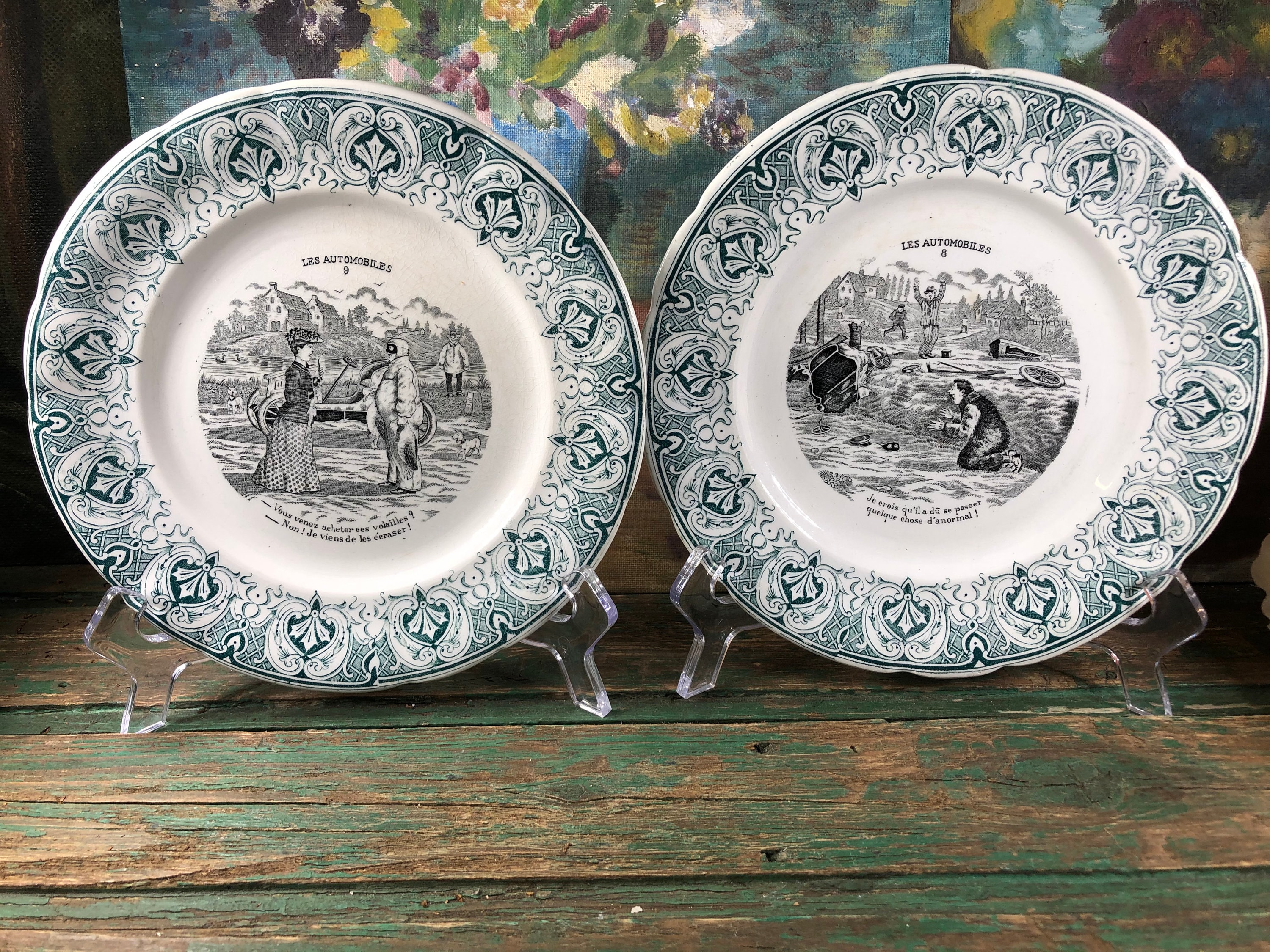 Les automobiles 8 et 9 - Assiettes parlantes ancienne faïence de