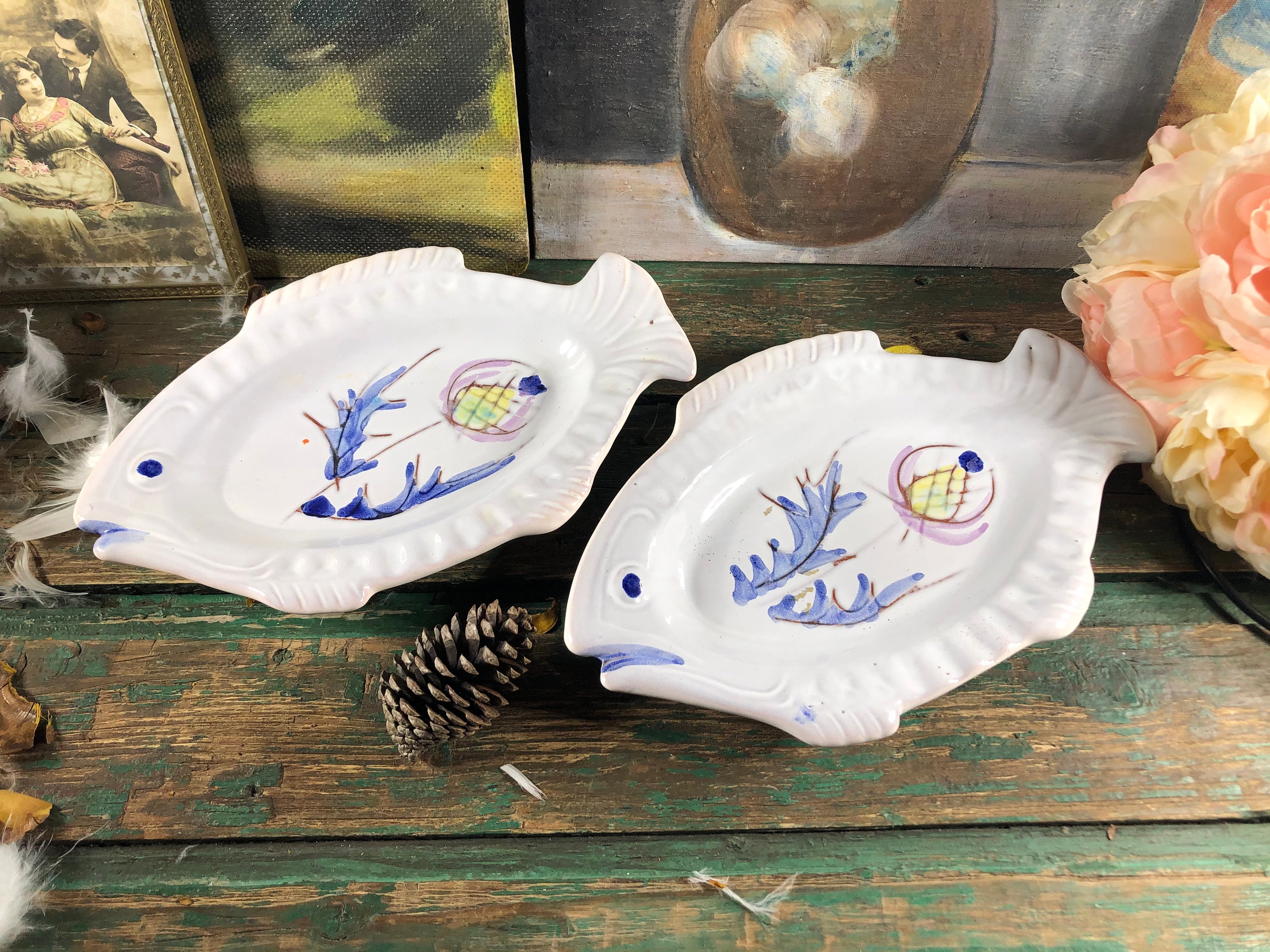 Lot De 12 Assiettes à Poisson Anciennes - Faïence De Longwy - Céramique