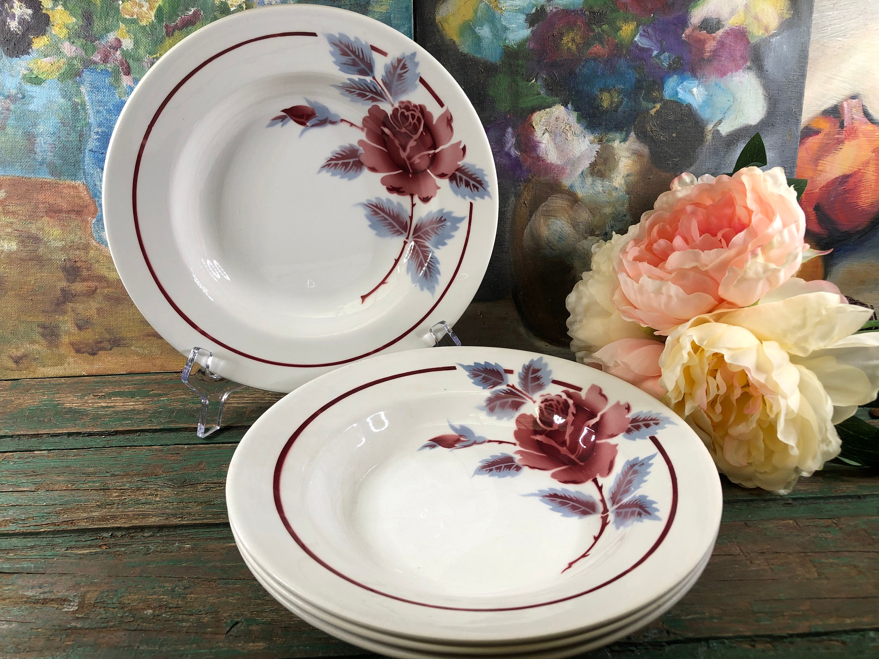 4 Assiettes Creuses à Fleurs Rose Moulin Des Loups Orchies Modele Nice Pour Bonne Soupe de L'hiver