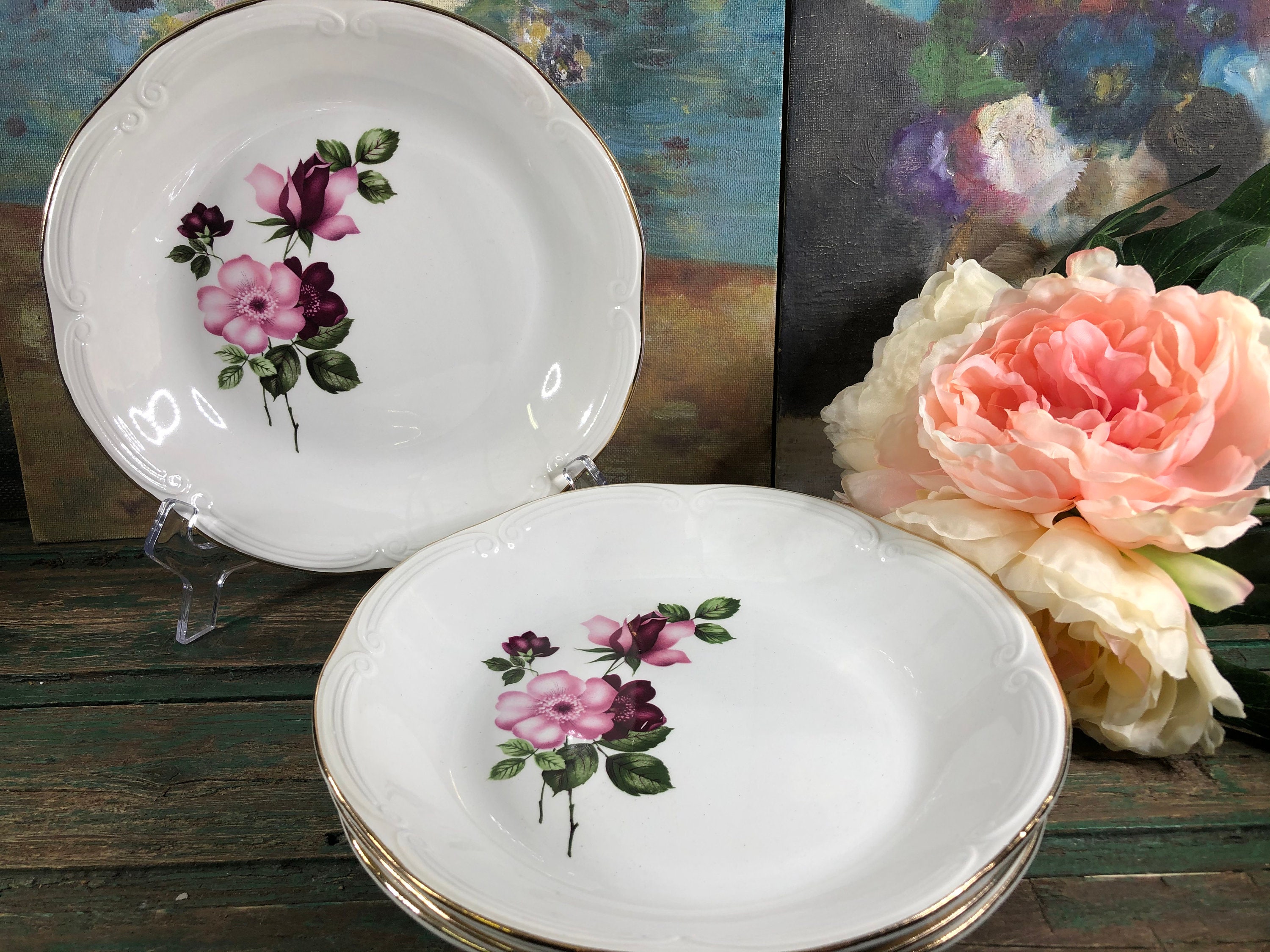 4 Assiettes Creuses Fleur Rose Moulin Des Loups Orchies Modele Chinons