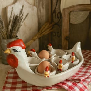 Vintage French Chicken Egg Holder Set – Hand Painted Ceramic – Shabby Farmhouse Kitchen Decor
