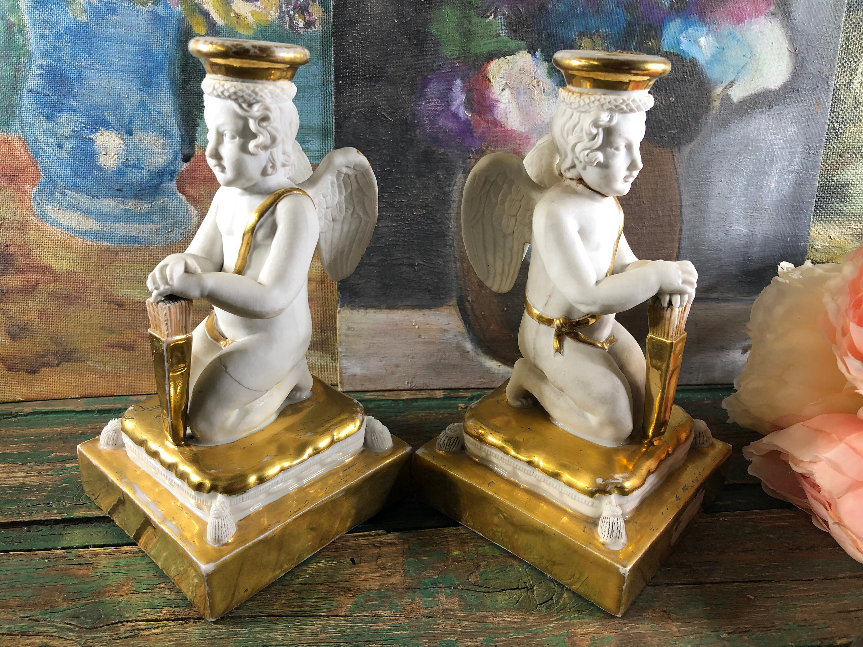 Set white and gold cherub candle holder ceramic candle Etsy