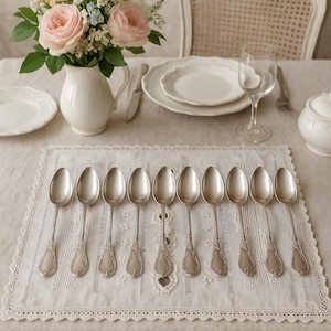 Set of 11 Antique Silver Plated Soup Spoons – Ornate French Cutlery – Art Nouveau Style Flatware – Elegant Dining Table Accent