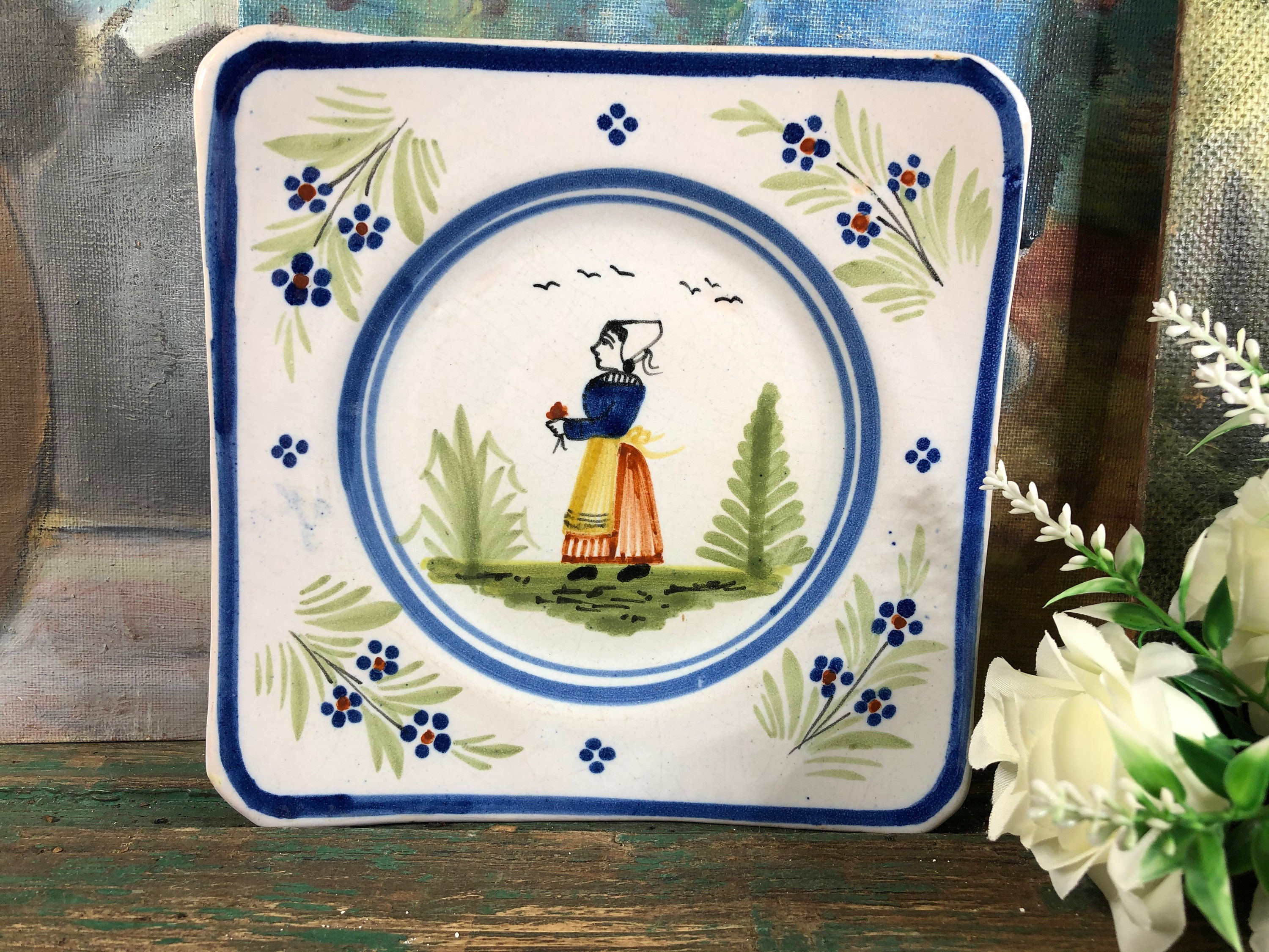 Petite Assiette Murale Carrée Hb Quimper, Vide Poche Quimper, Coupe Apéritive Henriot Quimper