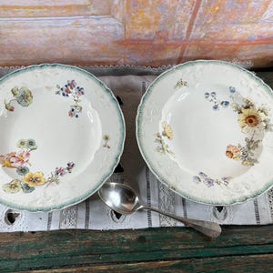 Antique Longwy Soup Plates – Set of 2 – French Louis XV Style – Floral Faience – 26 cm