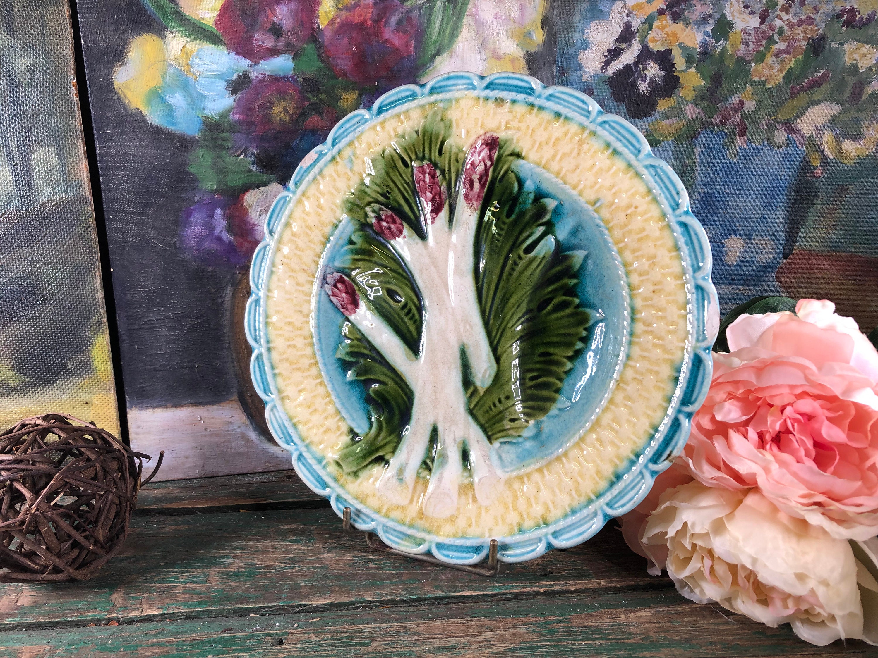 Ancienne Assiette Asperges, Barbotine Asperge, Plat Vintage, Fin 19Eme
