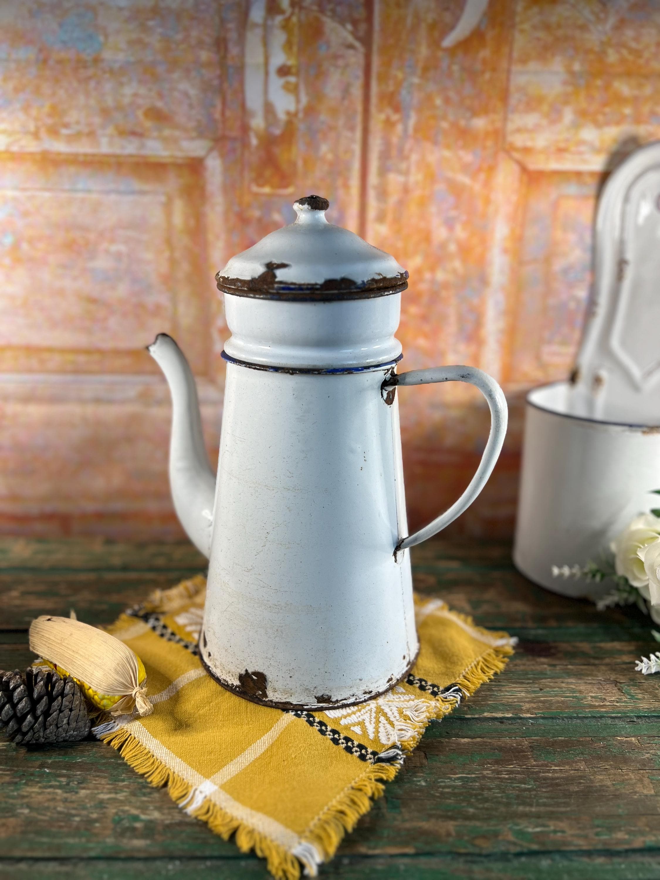 Antique French Enamelware Coffee Pot, Shabby Chic Farmhouse Decor