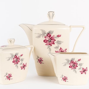 Sucrier, pot lait, verseur thé café beige avec fleurs roses Czechoslovakia cafetière céramique théière chocolatière art déco