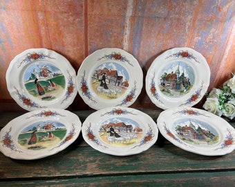 Set of 6 French dessert plates from Obernai  Sarreguemines vintage with illustrations by Henri Loux