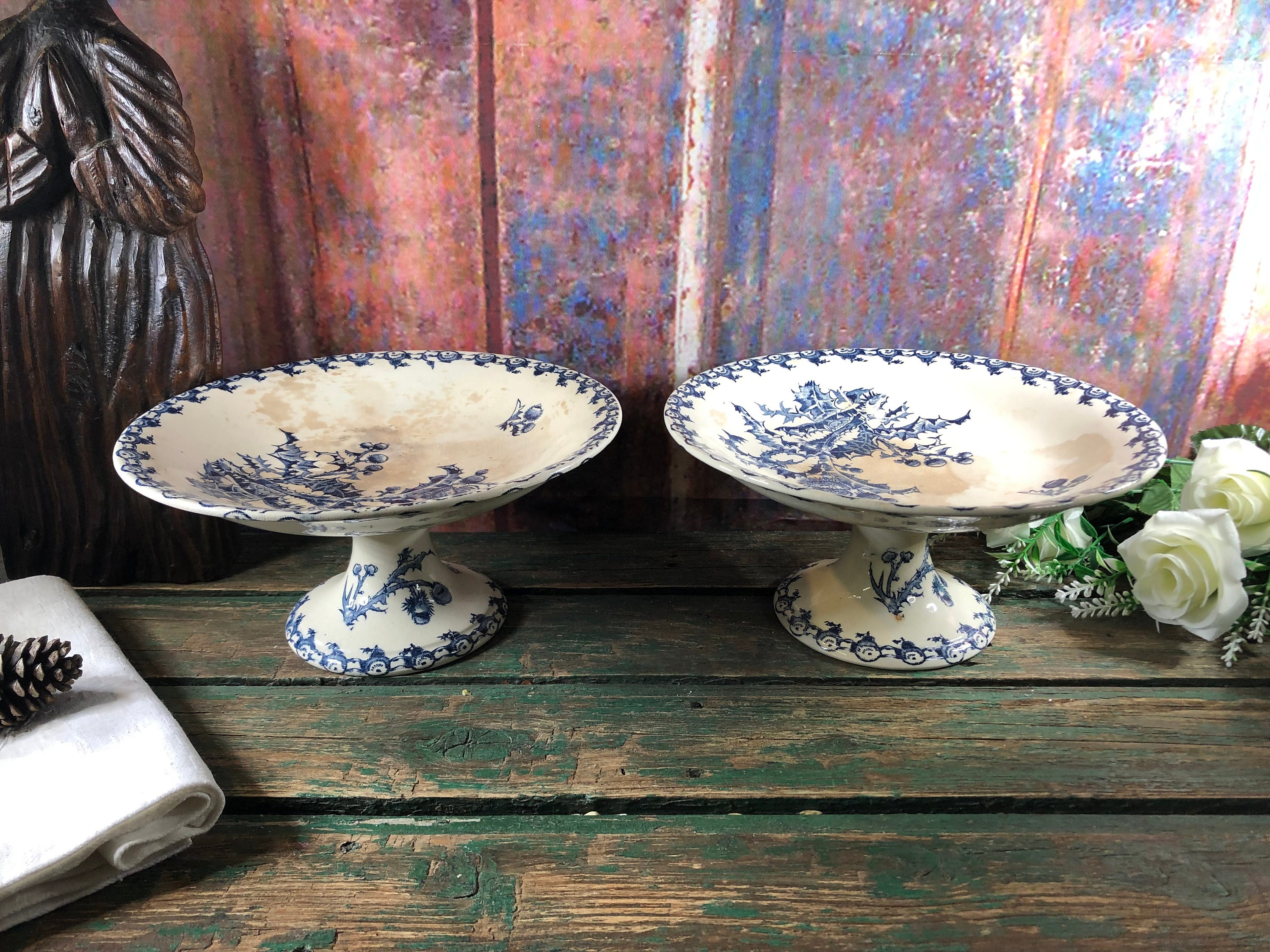 Paire de 2 Coupes sur Pied Compotier en Faience de Gien Modele Chardon Terre Fer