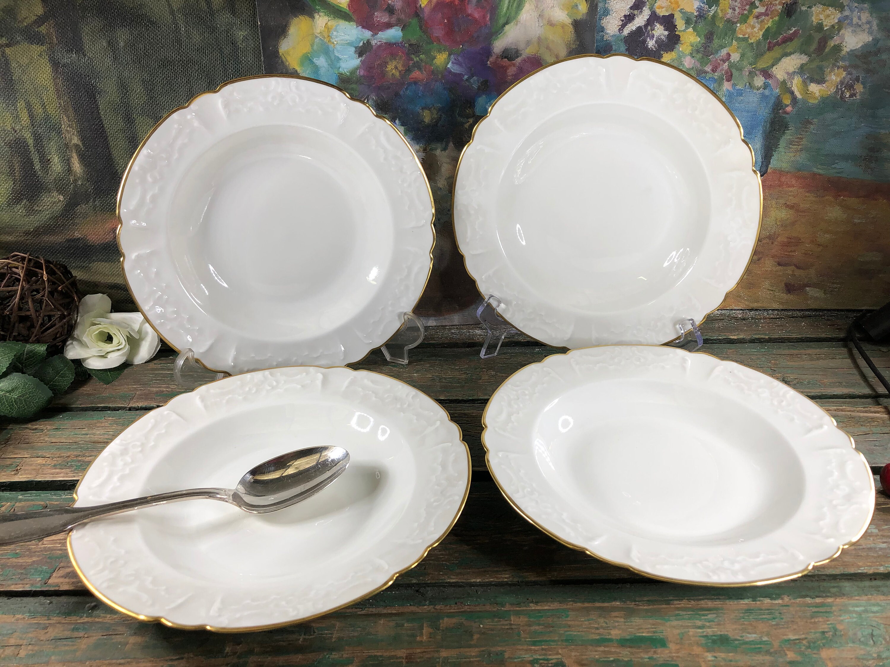4 Assiettes Creuses en Porcelaine de Limoges Blanche et Dorée Assiette Noel