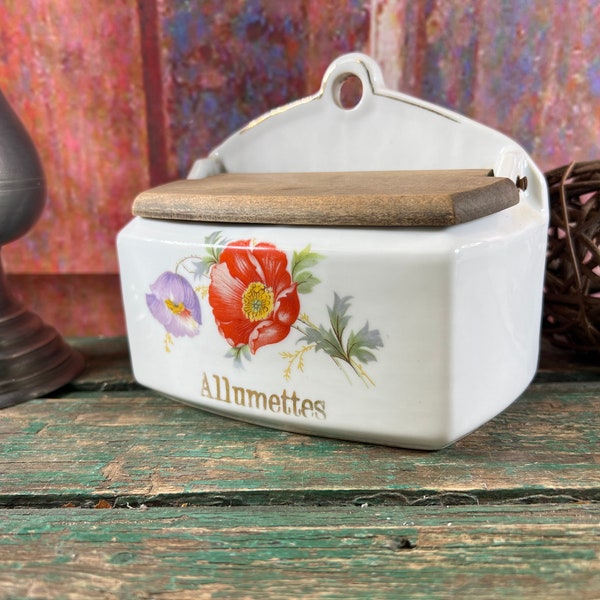 Vintage French ceramic box with flowers for kitchen decoration and storage