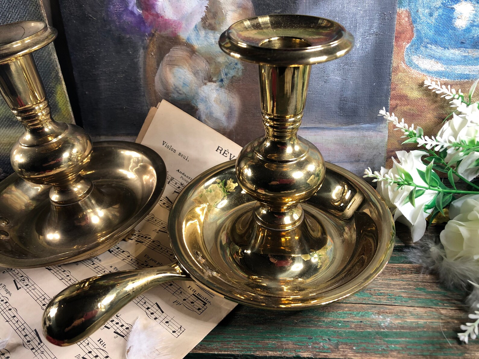 Large pair of handheld candle holder in bronze with their Etsy