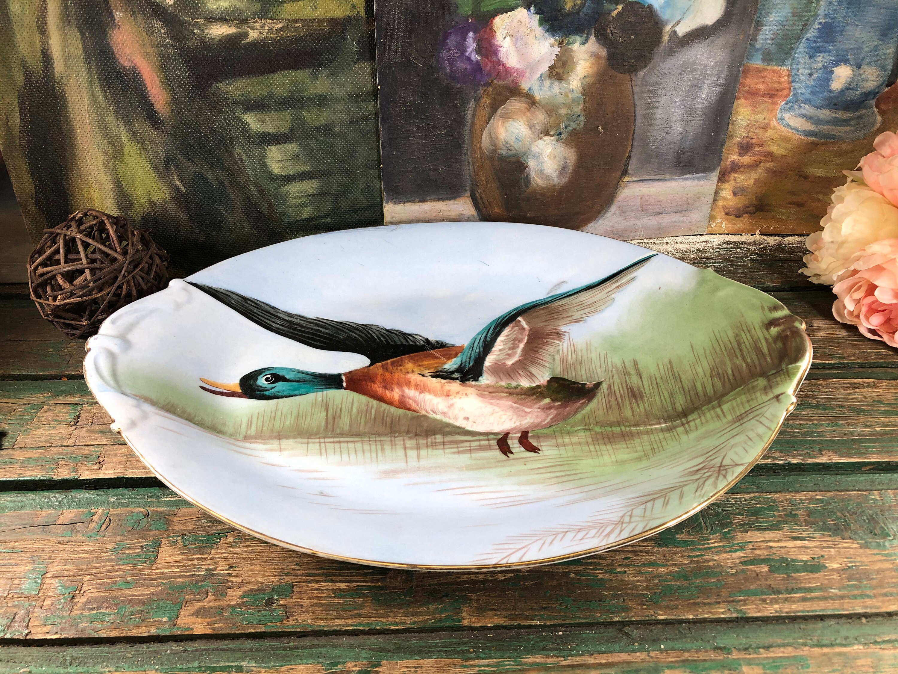 Grand Plat Canard Col Vert Limoges Fait Main Decoration Cuisine Rustique Cadeau Chasseur