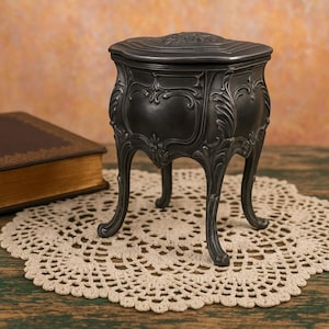 Antique French Pewter Jewelry or Pocket Watch Box – Ornate Rococo Miniature Furniture Style – 12 cm High