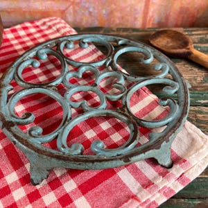 French Vintage Cast Iron Enamel blue  Trivet, blue trivet, Rustic Farmhouse Style