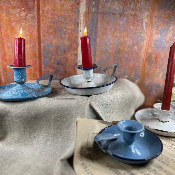 Porte-bougies en émail rond, bougeoir emaillé mauve, décor de ferme chic shabby, Français country cottage