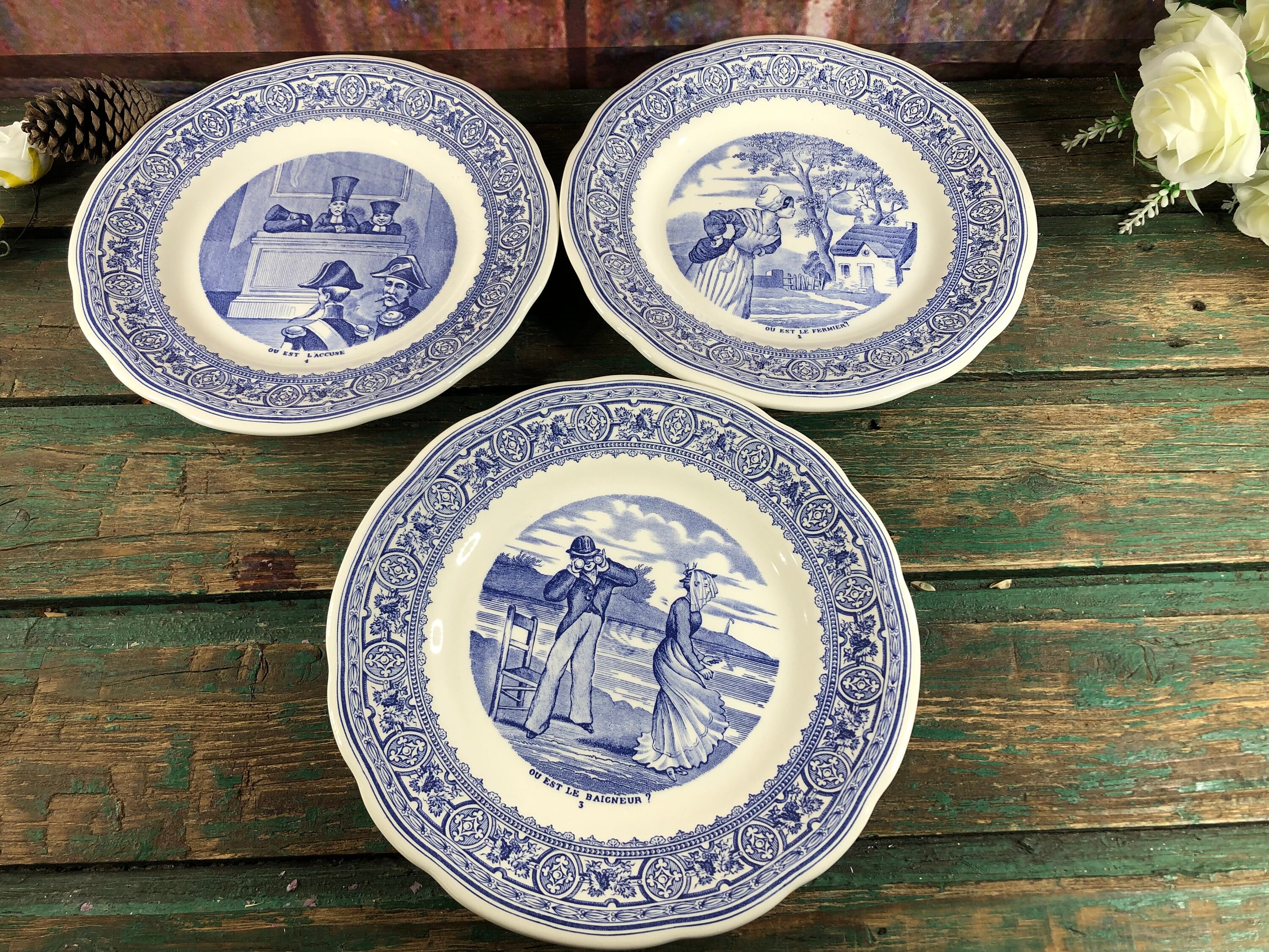 3 Assiettes à Dessert Gien Moderne Blanc et Bleu Assiette Parlante ou Est ?