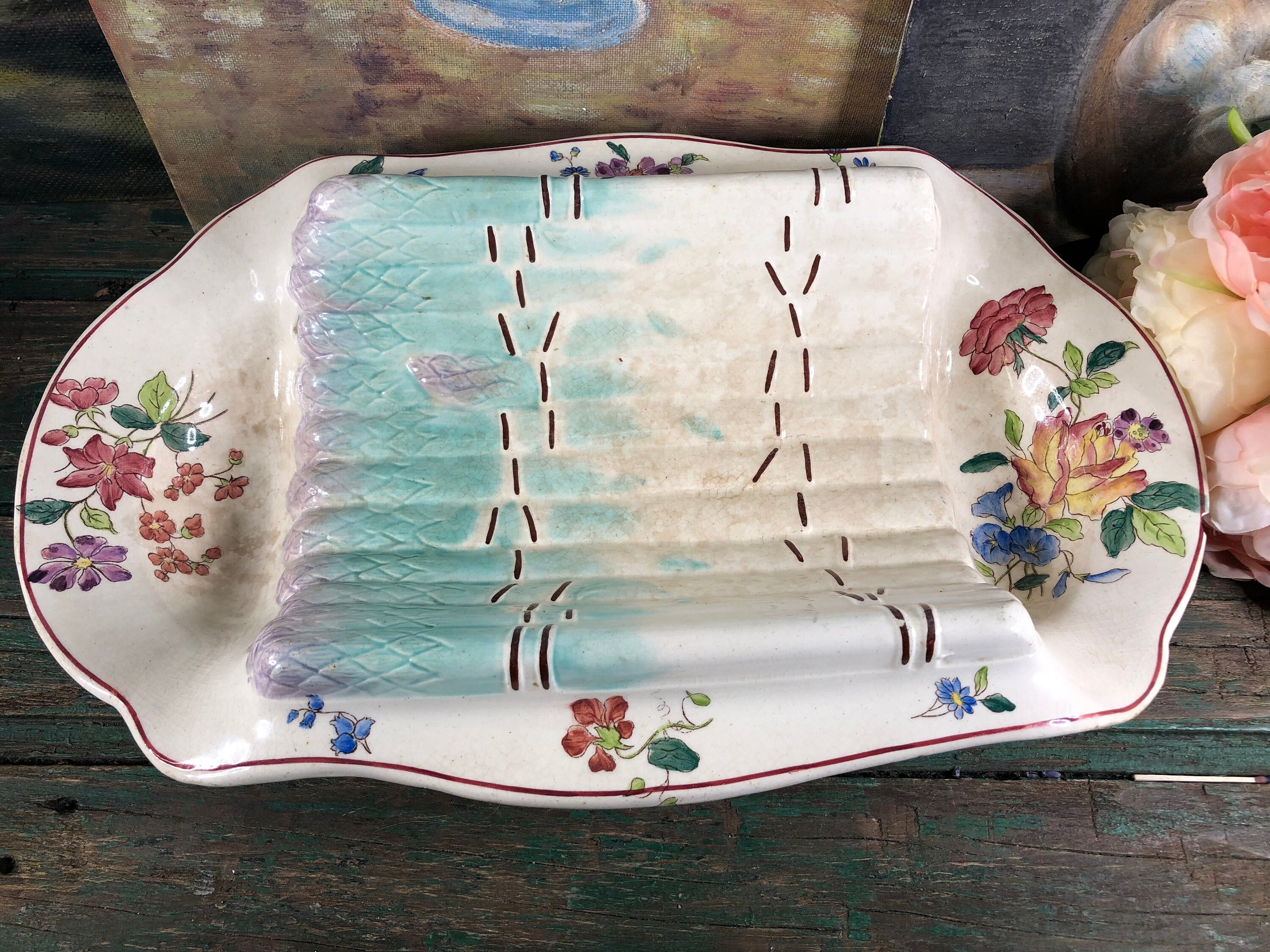 Plat à Asperges Barbotine Longchamp, Asperge, Plat Vintage, Fin 19Eme