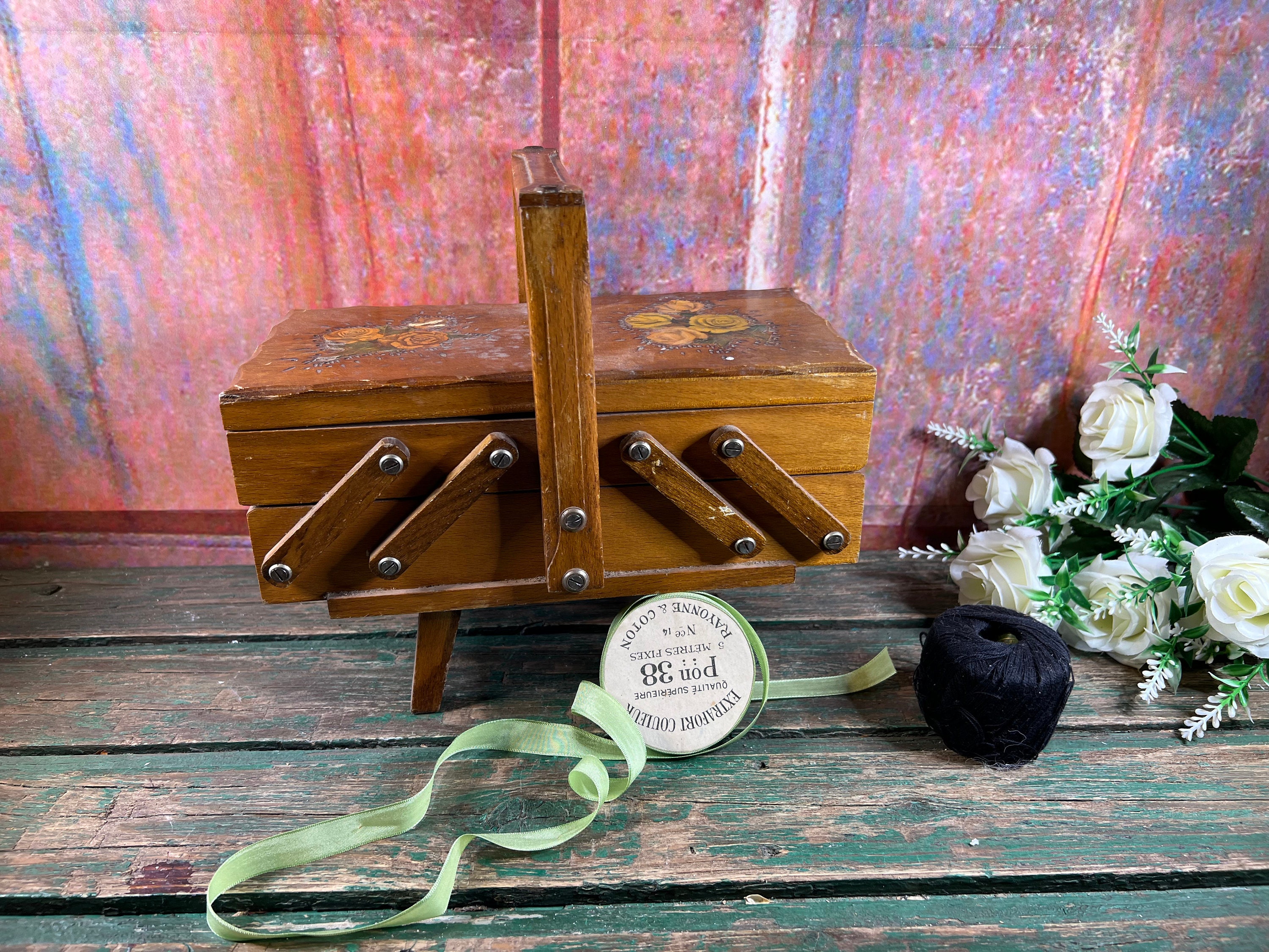 Vintage Wooden Sewing Box With Floral Decor 