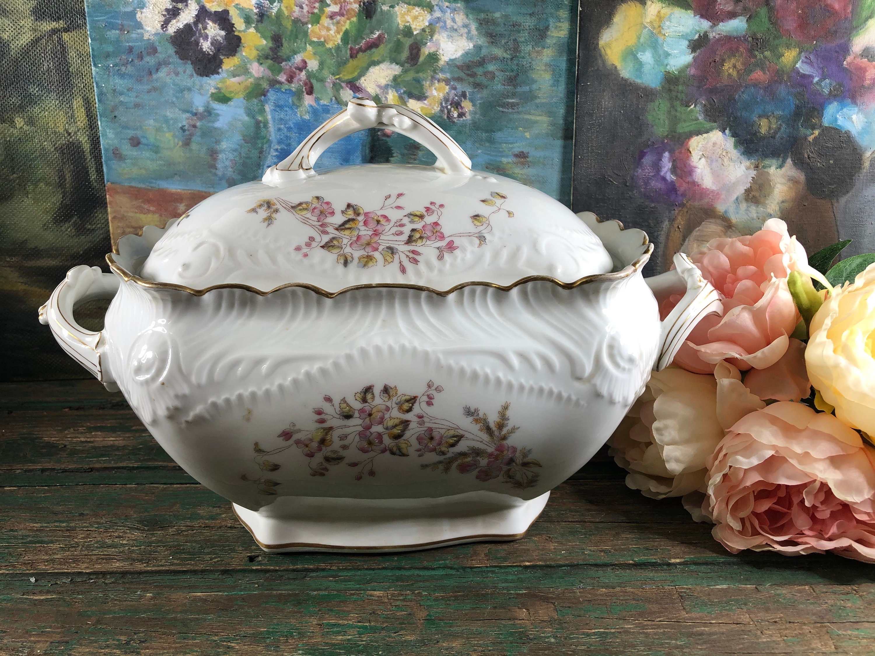 Ancienne Soupière Porcelaine Limoges, Limoges Fleur, Élégante, Ambiance Shabby
