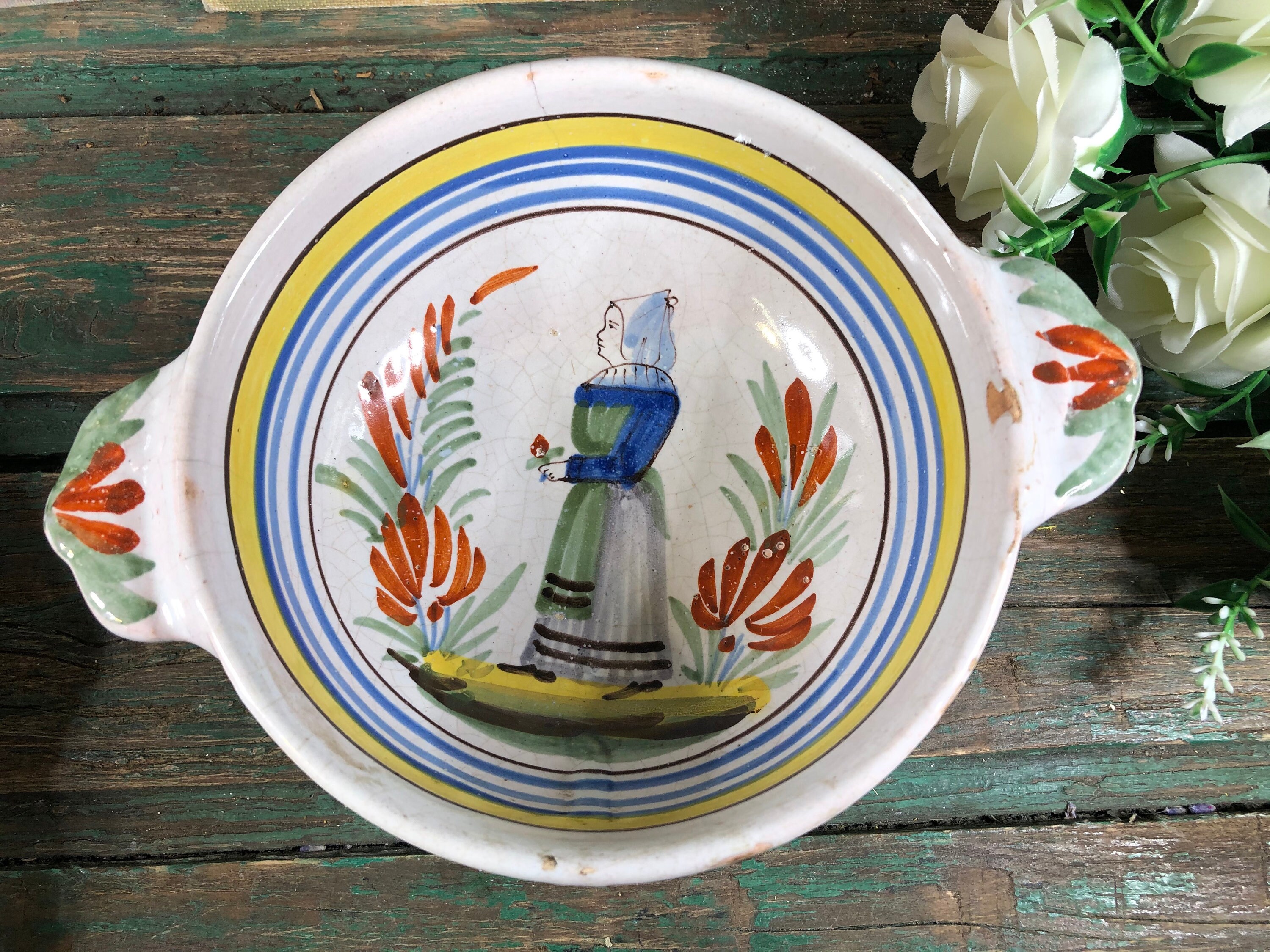 Ancien Bol à Oreille Hb Quimper Femme, Ancien Contour Jaune