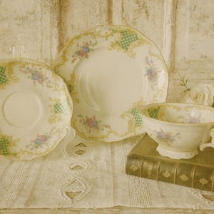 Romantic Bavarian Tea Trio – Floral Cup, Saucer & Plate – Gilded Porcelain – Shabby Cottage Style