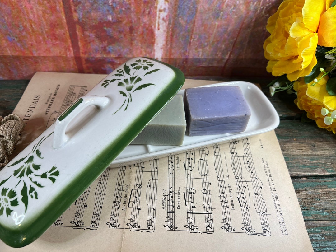 Vintage White Green Ceramic Soap Dish and Lid Art Déco Boch La Louviere