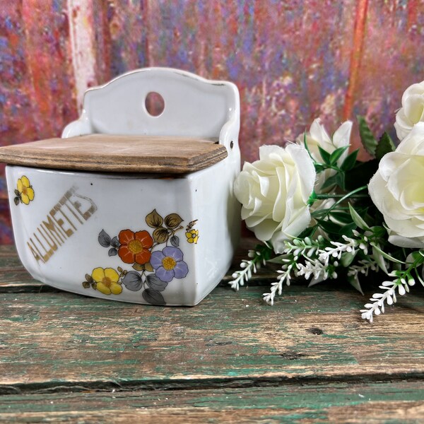 Vintage French ceramic box with flowers for kitchen decoration and storage