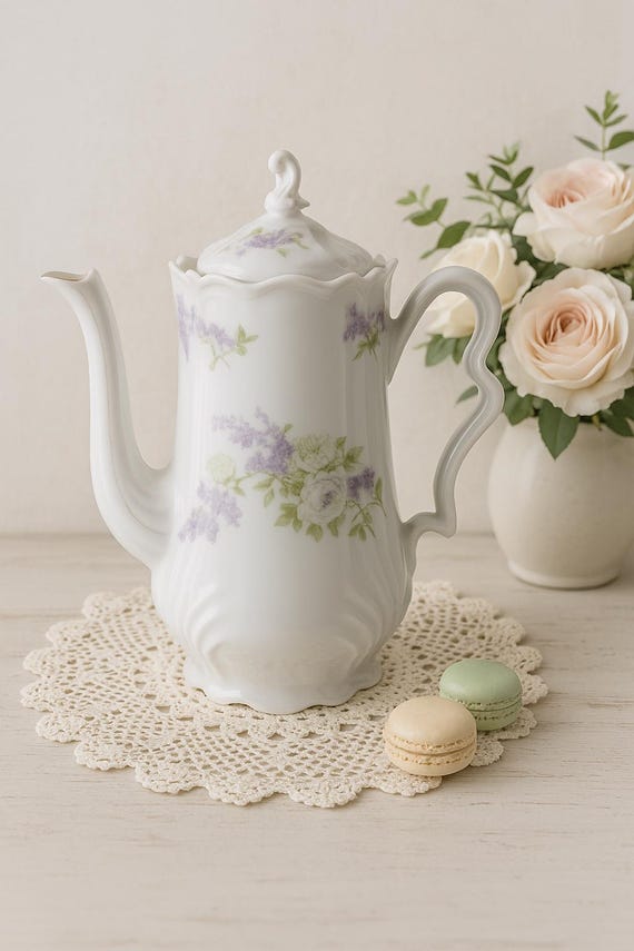Vintage French Porcelain Coffee Pot – Lilac Floral Shabby Chic Teapot