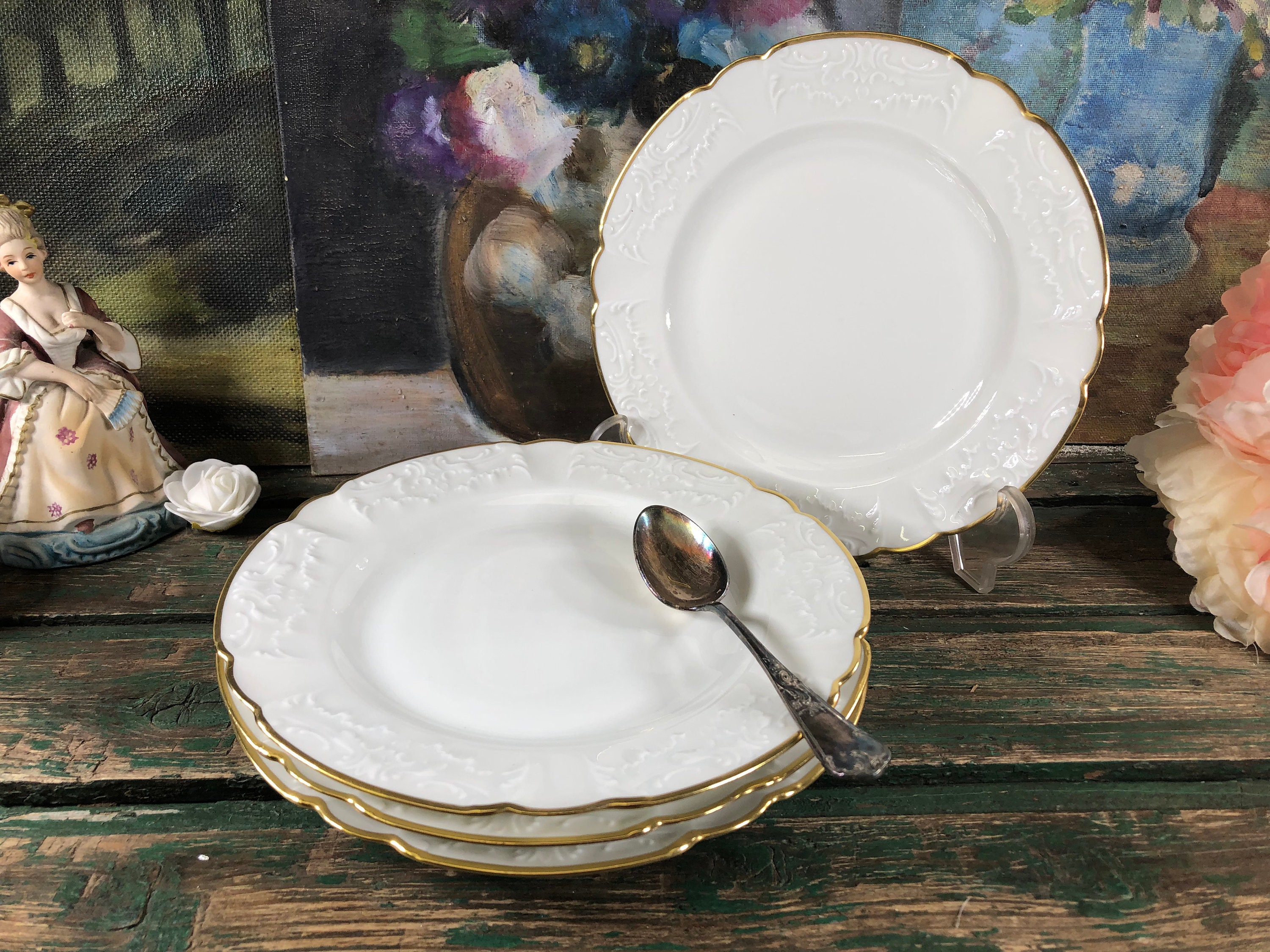 4 Assiettes Dessert en Porcelaine de Limoges Blanche et Dorée Assiette Noel