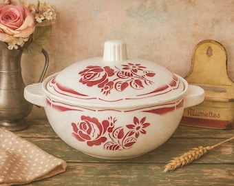 Vintage French Soup Tureen with Lid – Red Rose Badonviller Ceramic – 1940s Floral Serving Dish