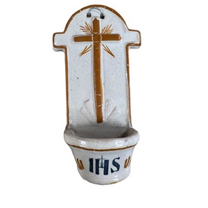 Antique French Polychrome Faience Holy Water Font, Religious Stoup