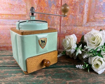 1930 Antike Eugene Brüder Kaffeemühle, grüne Kaffeemühle, französische Vintage Küchendekoration, Shabby Chic Frühstücksdekor