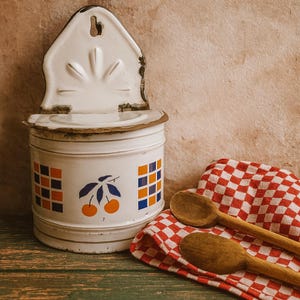 Vintage French Enamel Wall Salt Box with Cherries – White Kitchen Canister – Rustic Farmhouse Kitchen Decor