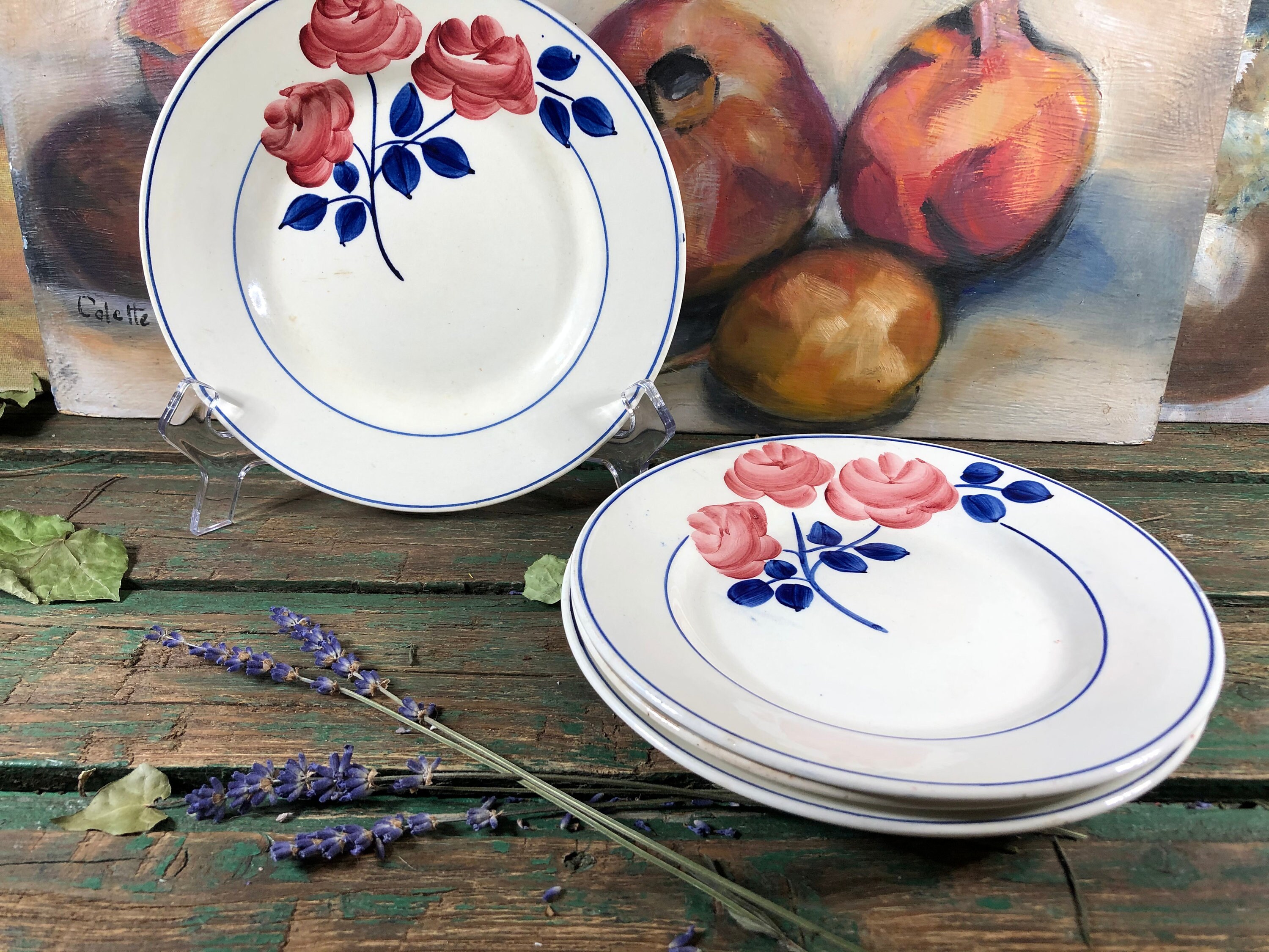 4 Assiettes Vintage à Dessert Rose Rouge