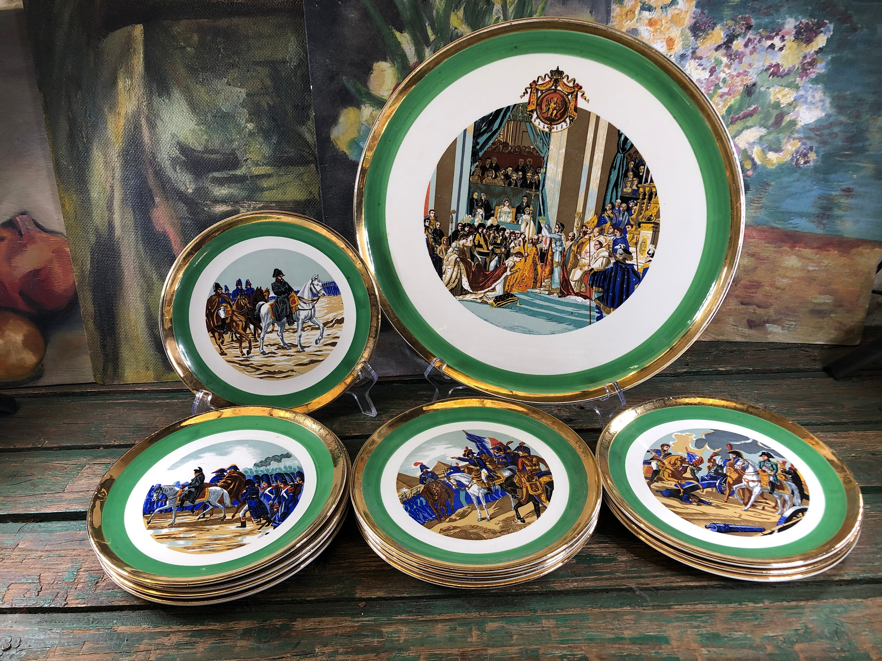Gien Faïence d'art Service à Dessert Du Bicentenaire Sacre de Napoléon, 1 Plat et 12 Assiettes Compl