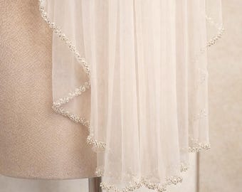 Crystal Pearl Beaded Wedding Veil: Ivory White, Fingertip or Cathedral